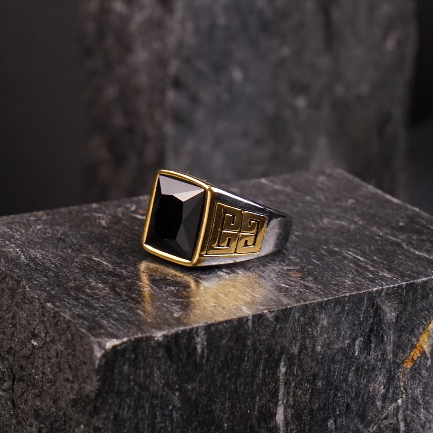 Silver Gold Square Kings Ring - TRB011