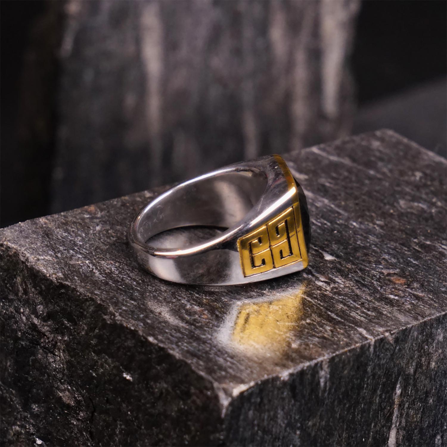 Silver Gold Square Kings Ring - TRB011