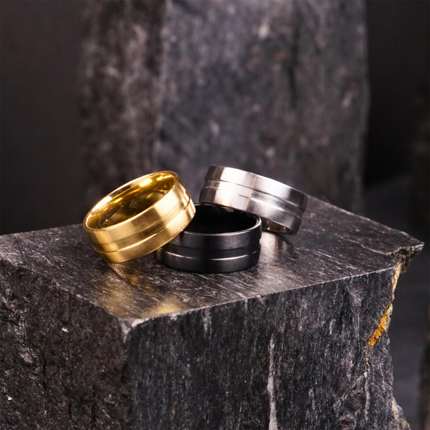 Pack of 3 Band Steel Rings (Black, Silver, Golden) - 8mm